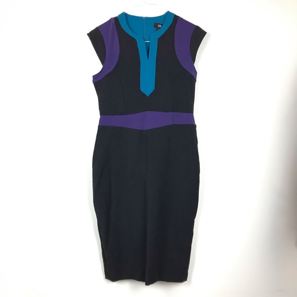 LRK Black Color Block Paneled Fitted Midi Dress 8 - Picture 2 of 10